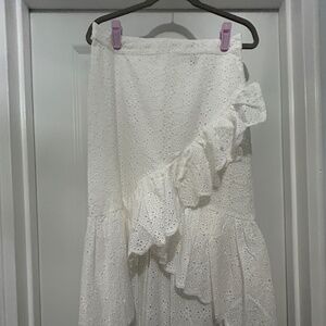 White Eyelet Ruffled Hi/Lo Midi Skirt with Diagonal Front Sz M NWT